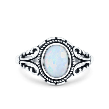 Petite Dainty Vintage Style Oval Ring Solid Lab Created White Opal 925 Sterling Silver